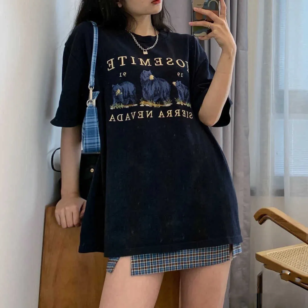 Cotone Retro Orso Ricamo Tee Top Oversize Donna Magliette Harajuku Teen Girls Stile coreano Vestiti Estate Plus Size 210720