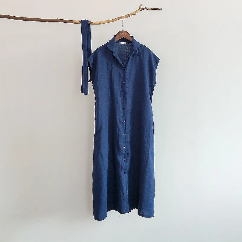 Johnature Summer Cotton Linen Comfortable Turn-down Collar Short Sleeve Shirt Dress Simple Leisure Women Dress 210521