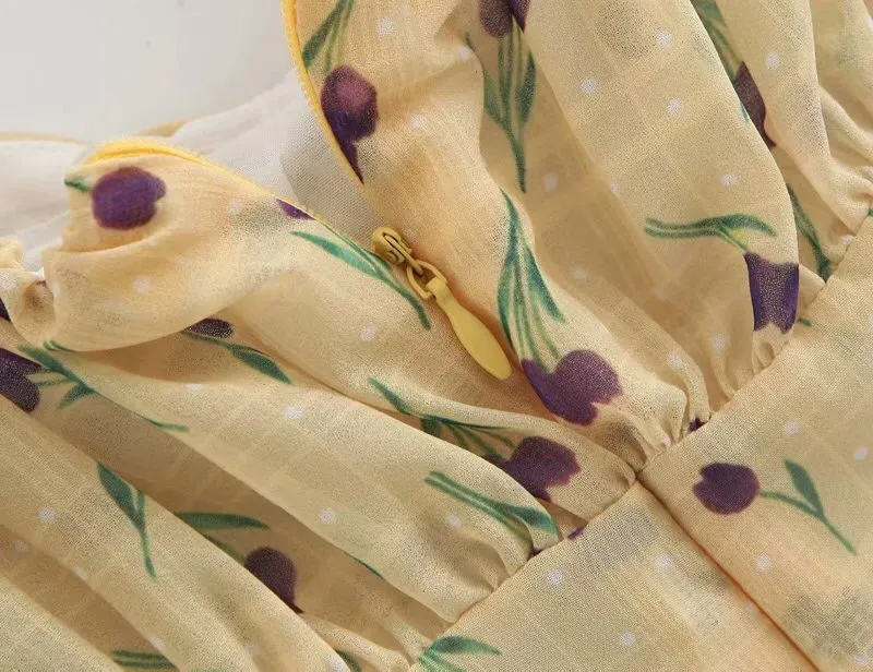 옐로우 프랑스 튤립 꽃 인쇄 짧은 드레스 레트로 여성 조수 활 레이스 업 V 목 퍼프 슬리브 미니 드레스 210429