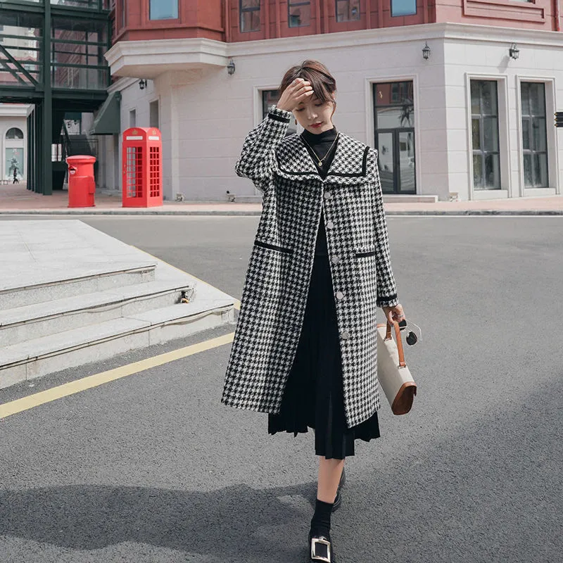 Elegant Lattice Houndstooth Woolen Coat Women's Mid-Length Autumn Winter Korean Casual Outwears 210510