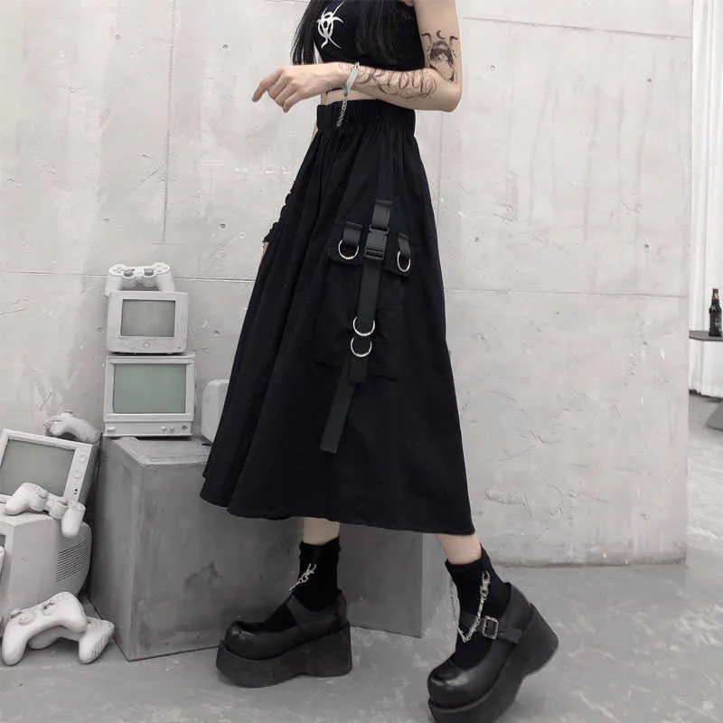 Готические высокие талии грузовые юбки женщина Harajuku Свободные A-Line Pocket Pocket MIDI длинная черная юбка хип-хоп мода уличная одежда негабаритна 210629