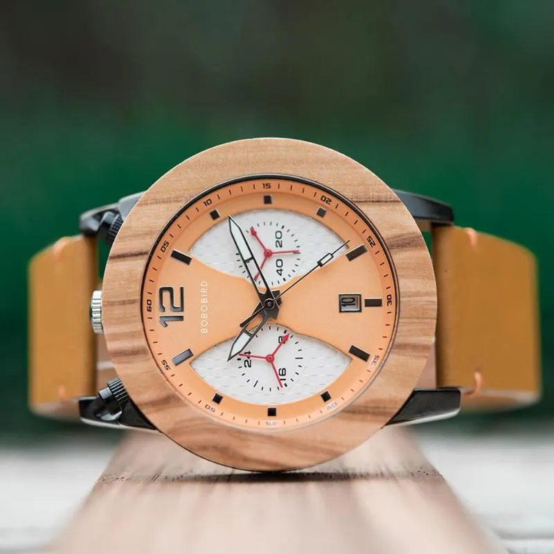 Men Wooden Wirst Watches Auto Date Montre Bois Homme Complete Calendar Clock Leather Band Custom For Male Drop Wristwatches3020