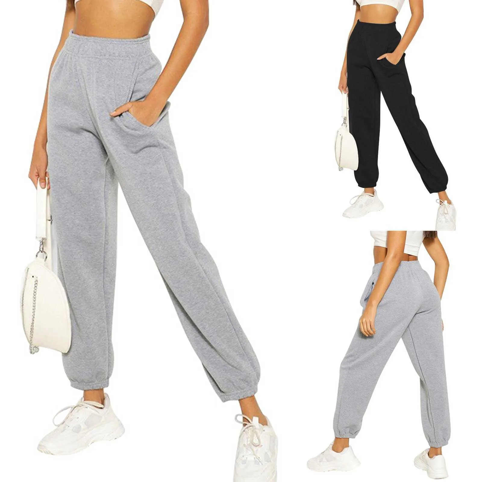 Women Pants Solid Loose Sweatpant High Quality Elastic Waist Trousers Womens Simple Leisure All-match Leisure Trousers#f30 Q0801