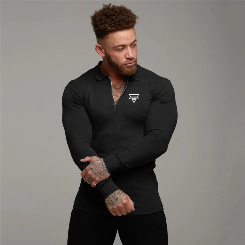 MuscleGuys Polo Shirt Mens Lange Mouw Rits Draai aan Kraag Slim Fit Ademend Gym Kleding Bodybuilding Fitness Poloshirt 210421