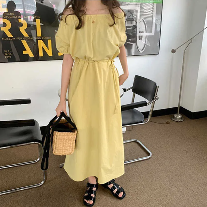 コレヒパアの女性のドレス夏の韓国のシックな穏やかなレモン黄色のラウンドネックプリーツデザインハイウエストポケットパフスリーブvestido 210526