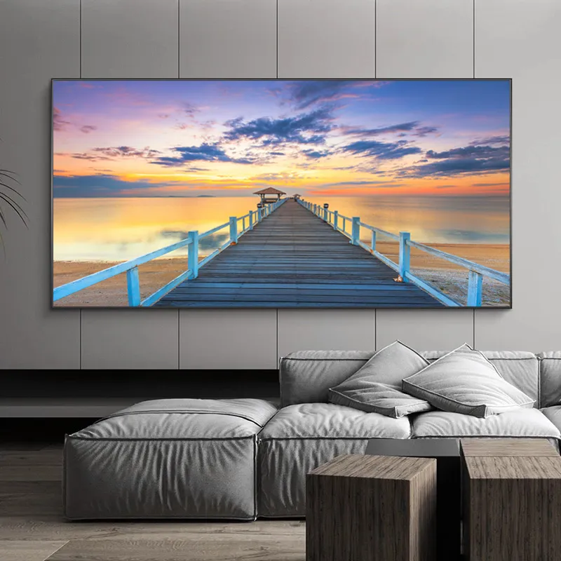 Vieux bois pont affiches toile peinture mur Art photos pour salon mer lac paysage imprime ciel coucher de soleil moderne décor à la maison