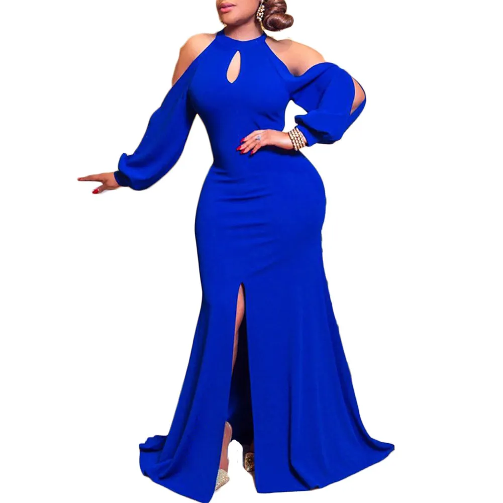Women Long Dress High Waist Halter Cold Shoulder Sexy Party Celebrate Evening Occasion Event Gown African Fashion Robe Plus Size 210416