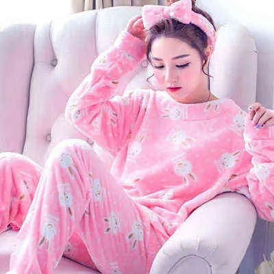 Frauen Pyjamas Winter Flanell Warme Langarm Nachtwäsche Dicke Korallen Fleece Zwei Pyjamas Nacht Tragen Frauen Set Pijama für Winter 211112