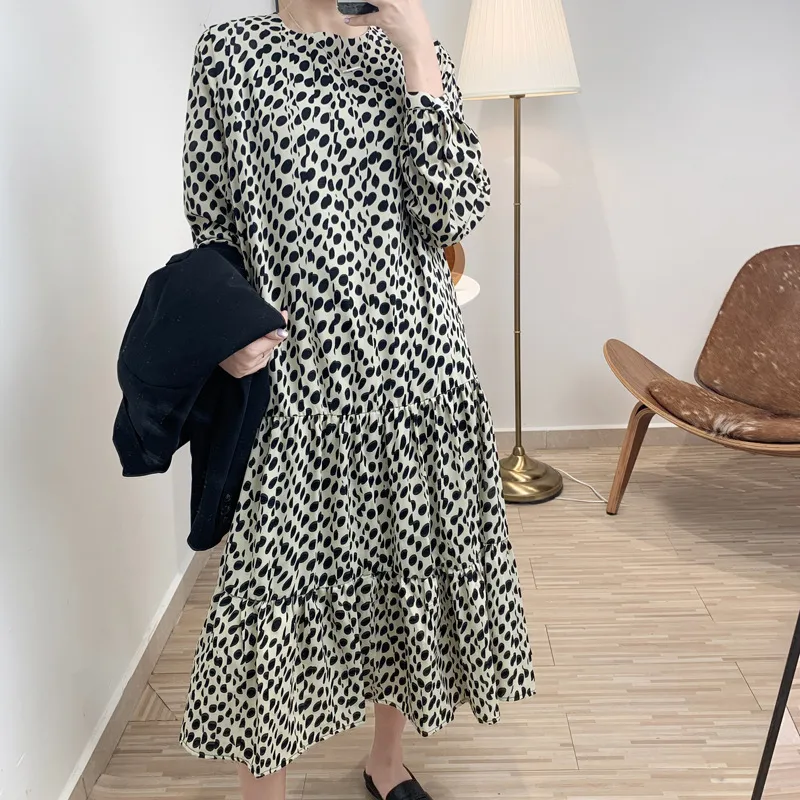 Abiti Chiffon Leopardo Vintage Allentato Autunno Manica Donna Abito Elegante Chic Abiti lunghi coreani Abiti 17993 210415