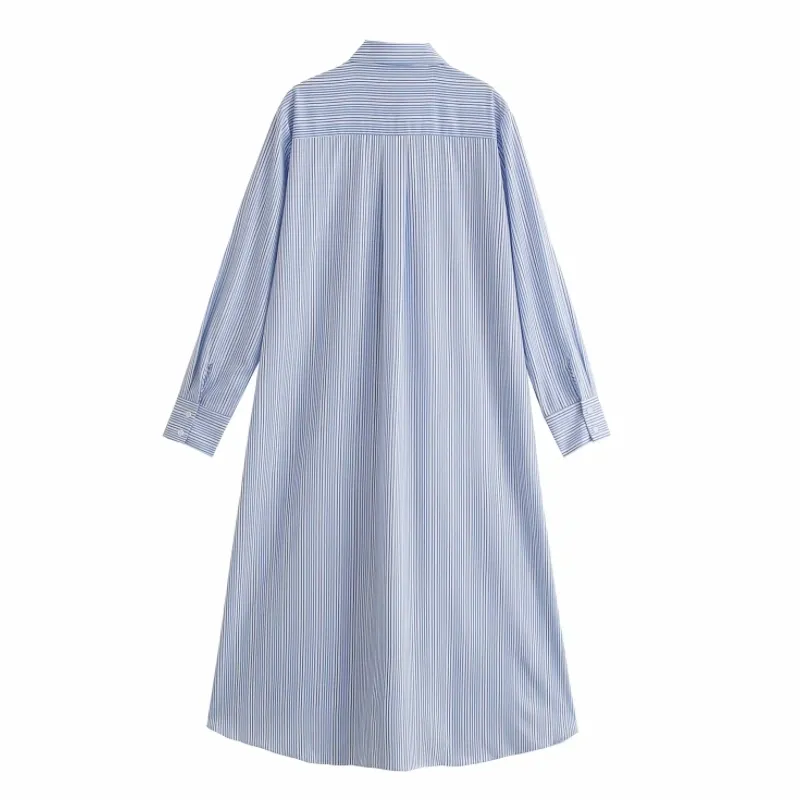 Summer Women Side Slit Striped Midi Shirt Dress Female Long Sleeve Clothes Casual Lady Loose Vestido D7590 210430