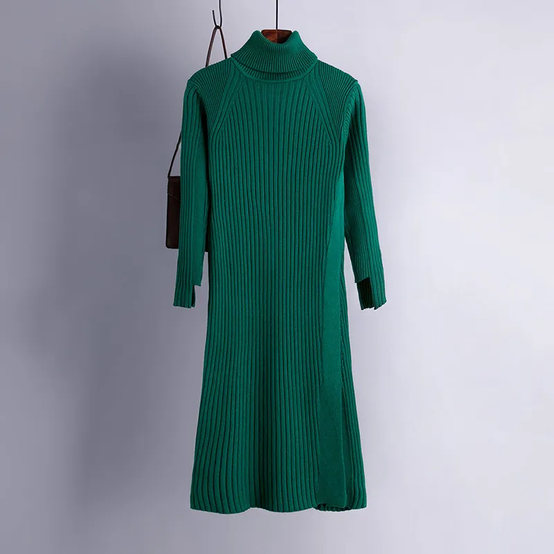 女性タートルネックニットドレス韓国スリム長袖弾性セータードレス秋冬厚い暖かいスプリットドレス210419