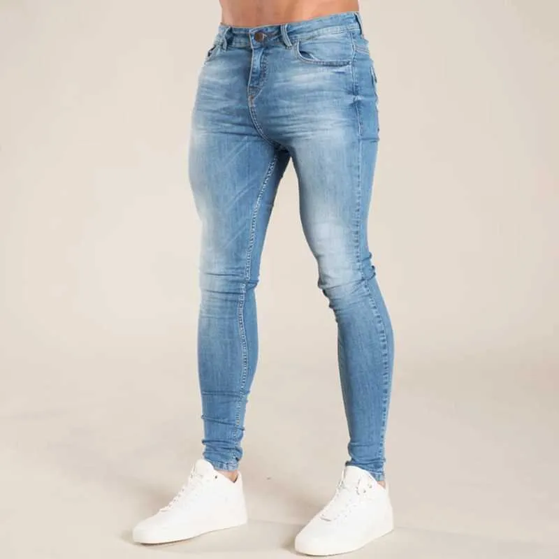 Jeans Mäns Solid Färg Denim Bomull Vintage Tvätt Hip-Hop Pencil Byxor Tight Stretch Motorcykel Jeans Street Chic Mäns Byxor X0621