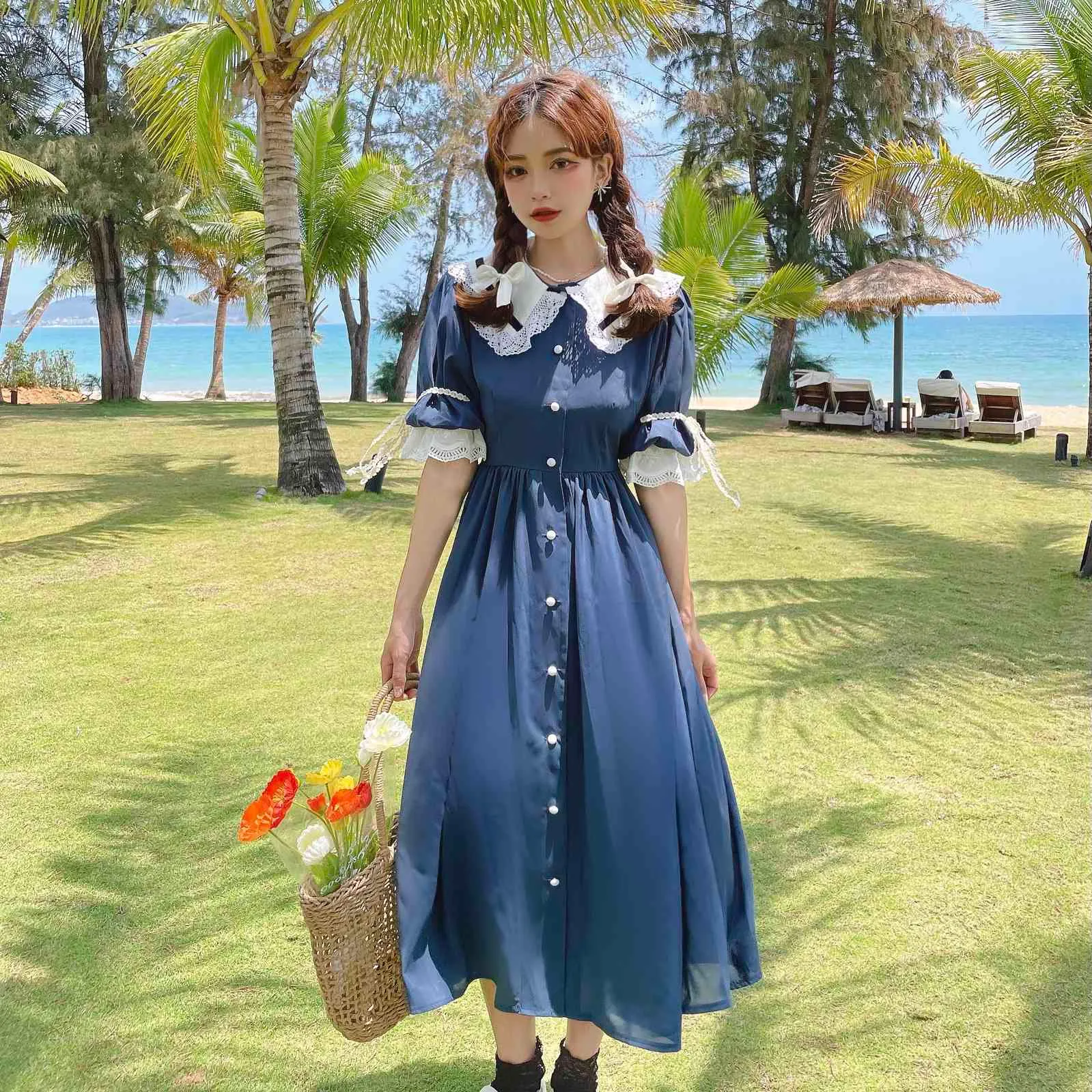 French Vintage Dresses Women Fashion Lace With Doll Collar Short Sleeve Elegant Single-Breasted Chiffon Dress Females 210518