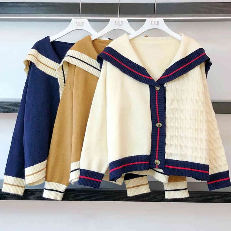 H.SA Kvinnor Vinter CrewNeck Casual Stickning Jumpers Loose Style Button Sweater and Cardigans 210417