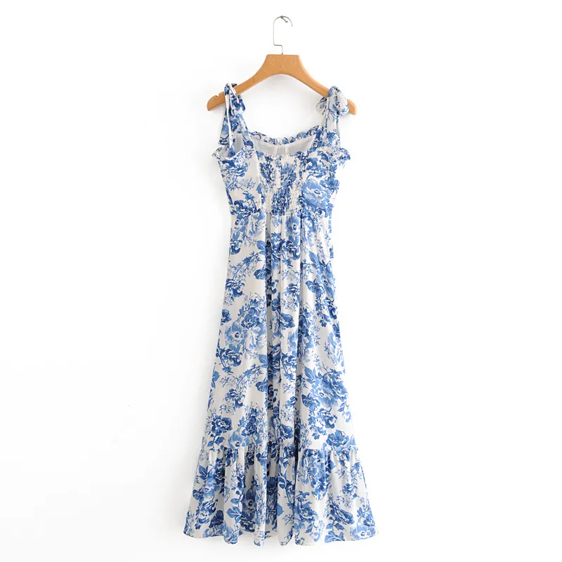 Summer Sukienki Kobiety 2020 Vintage Blue White Floral Print Dress Kobieta Sexy Spaghetti Pasek Krawat Szyfonowa Elegancka Ruffle Midi Dress X0521