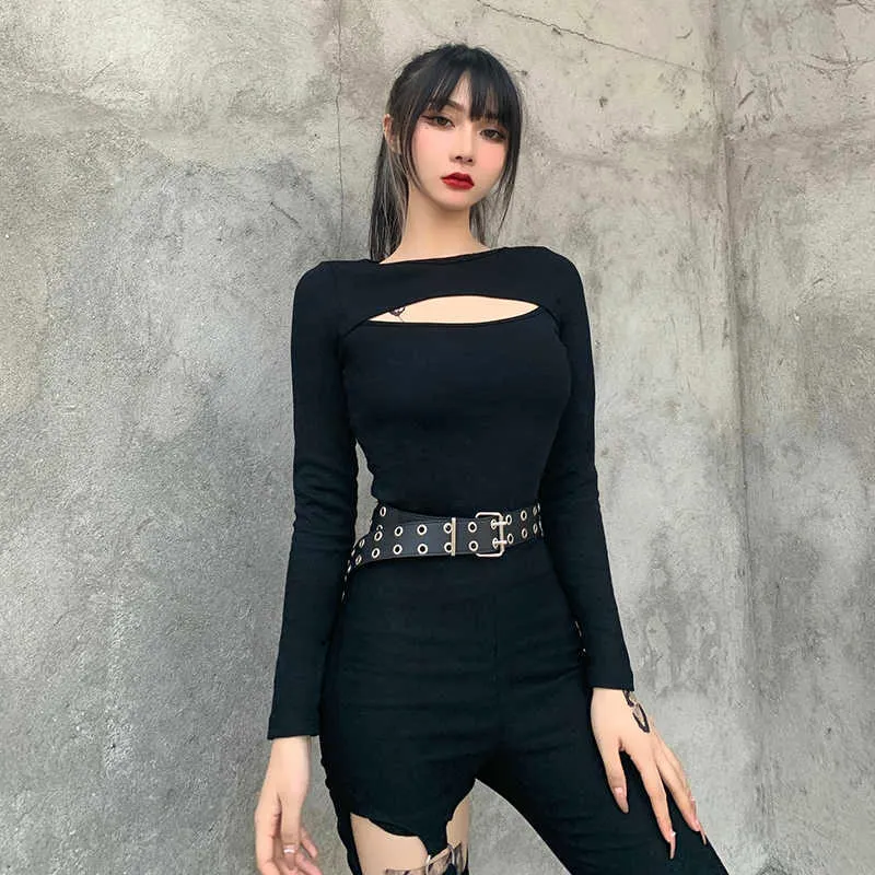Insgoth Streetwear с длинным рукавом черные базовые топы готические сексуальные выдолбленные тощие топы Punk High Street Chic Tops Женщины осень 2020 Y0621