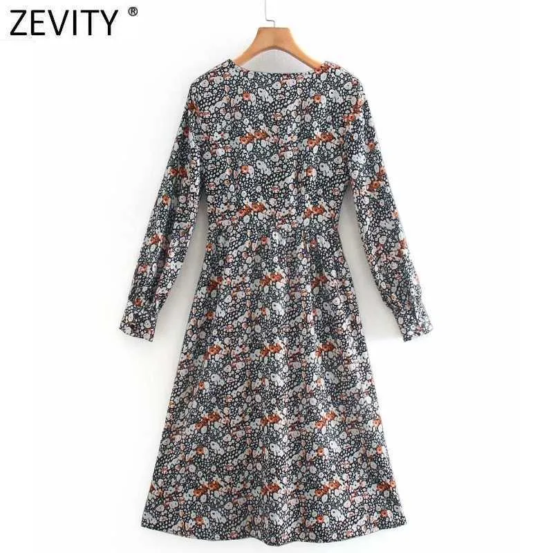 Zevity Women Vintage V Neck Floral Print Elastic Casual Slim A Line Dress Female Chic Side Zipper Party Vestidos DS5087 210603