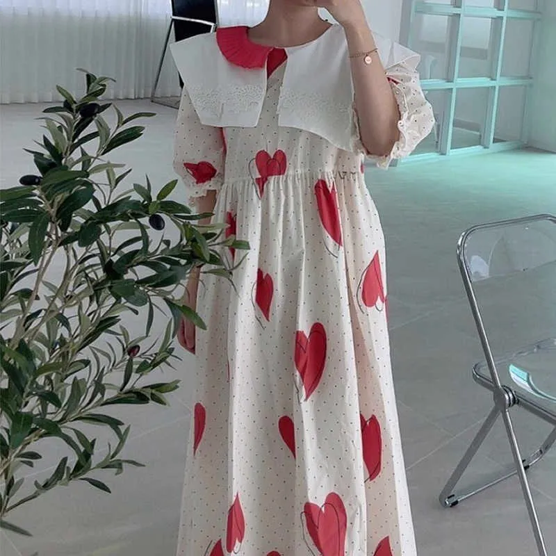 Korejpaa Kadınlar Elbise Yaz Retro Dantel Tığ Büyük Yaka Kontrast Renk Dikiş Gevşek Aşk Baskılı Puf Kol Vestidos 210526