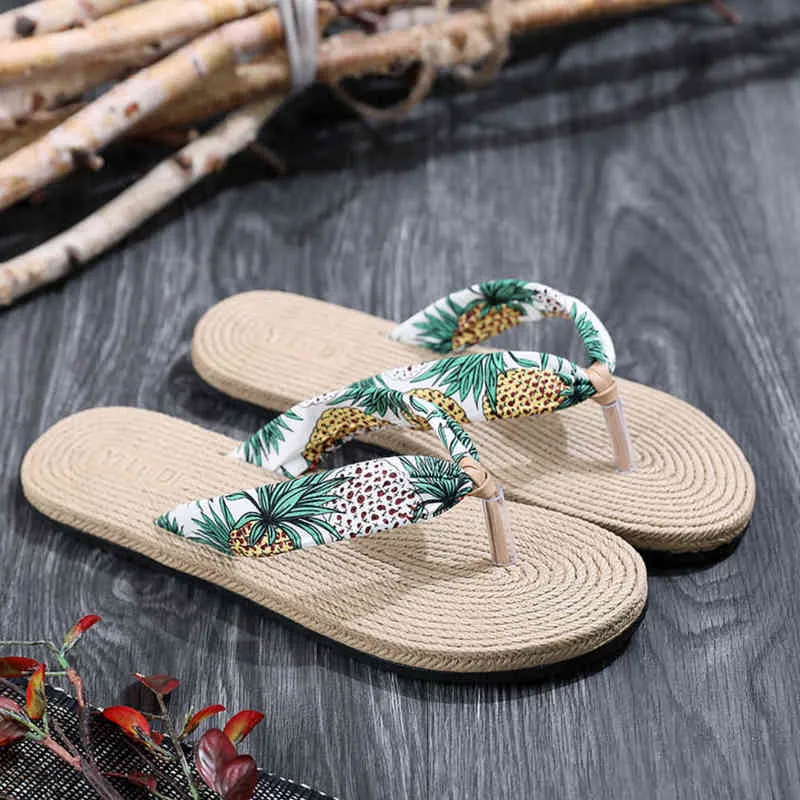 Women Shoes Summer Floral Flip Flops Beach Sandals Thongs Slippers sandals Imitation hemp rope travel flip-flops flat-bottom Y220221