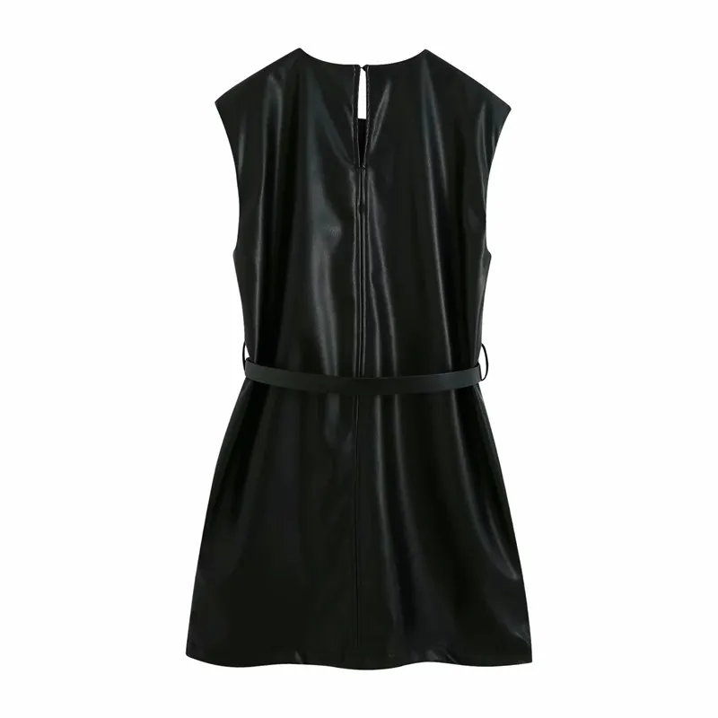 Dress Women Summer Faux Leather Belted Sexy Black Short O-neck With Shoulder Pads Back Opening Mini Ladies es 210519