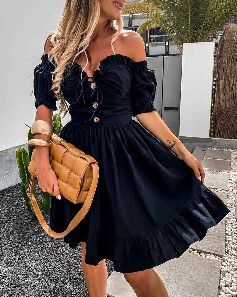 Women Fashion Off Shoulder Sweetheart Neck Button Design Frill Hem Dress Female Short Sleeve Mini Party Dress 210716