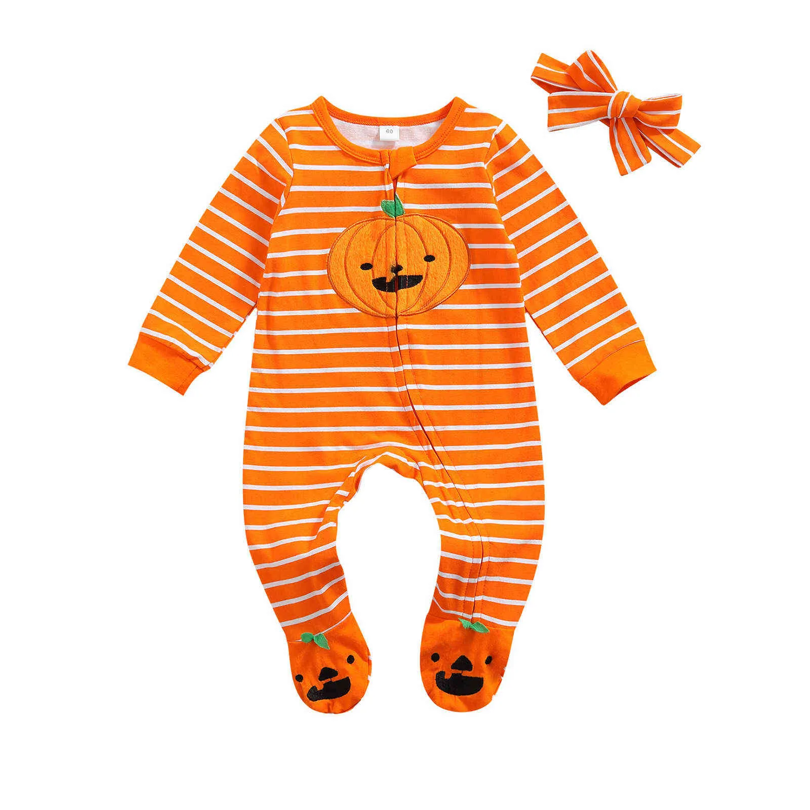 MaBaby 3-12M 1st Halloween nacido Bebé niña Disfraces Mono de calabaza a rayas Mamelucos lindos Ropa de fiesta Diadema D84 211101