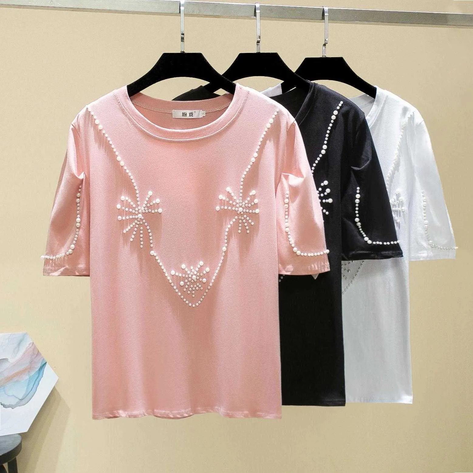 Rosa T-shirt Kvinnor T-shirt Kvinna Bomull Sommar Toppar T-shirt Kvinna Koreansk Stil Mode Beading Kläder Tee Femme 210604