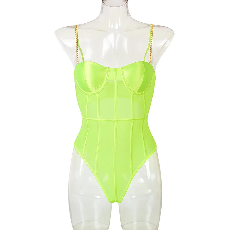 Neon Green Mesh Transparent Bodysuit Sexig kvinnors rygglösa randiga ärmlösa overaller Party Fashion Spaghelti Rem Rompers 220226