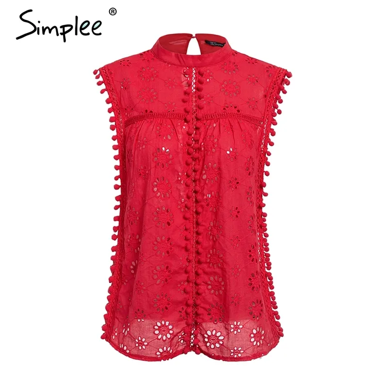 Débardeur élégant femmes blouse coton broderie chemises rouges feminina sexy haut col montant gland pompon dames hauts femme 210414