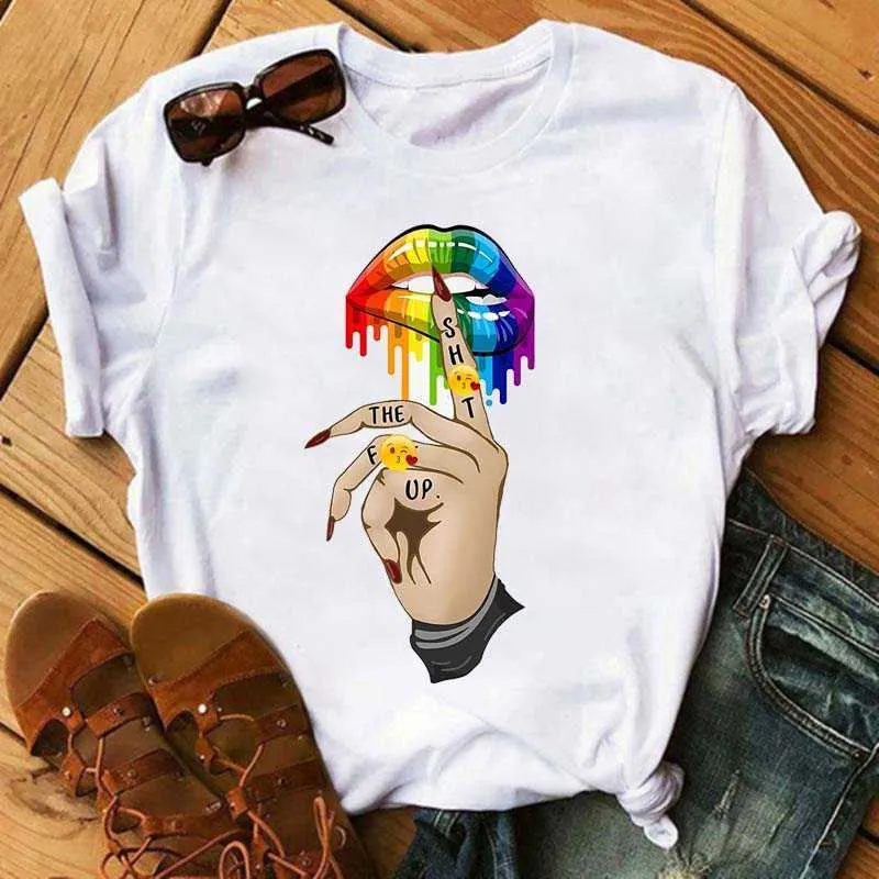 2021 nuova maglietta delle donne labbra stampate moda grafica stampata T-shirt Harajuku casual signore maniche corte femminile T-shirt vestiti X0527