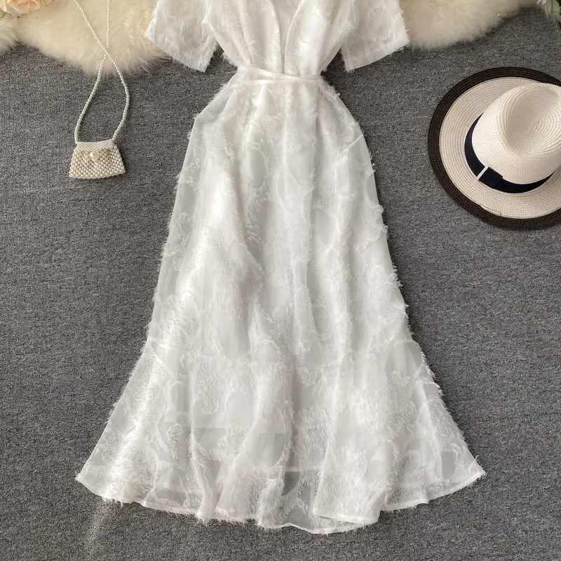 Vrouwen causale witte jurk zomer v nek midi chiffon es elegante dames slanke bodycon party vestidos mujer 210525