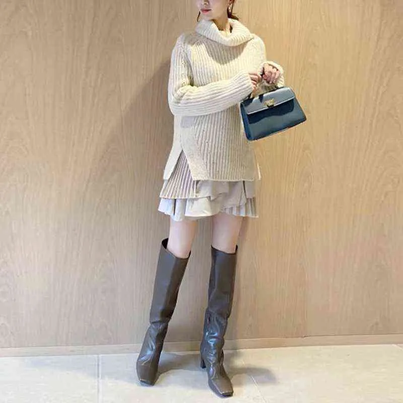Kuzuwata осень женская одежда с высокой шеей с длинным рукавом боковая щель вязаный свитер Tops raffled плиссированные слинг платье 211108