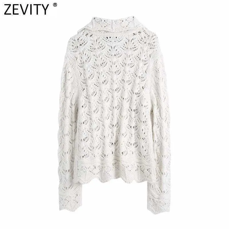 Zevity Women Fashion Curl Down Collar Hollow Out Crochet Knitting Cardigans Sweter Kobiet Chic Diament Przyciski Dorywczo Topy S592 210603