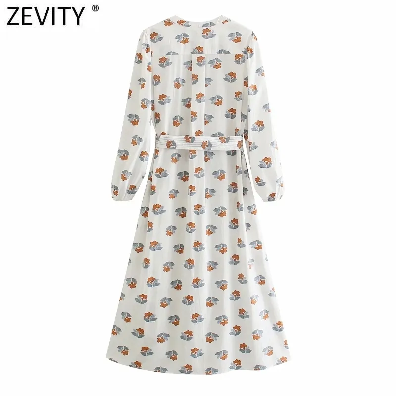 Kobiety Elegancki Kwiat Print Bow Mite Sastes Midi Sukienka Kobieta Chic Smeeve Puff Sleeve Breasted Casual Kimono Vestidos DS8109 210420