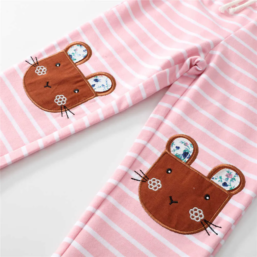 Jumping Meters Autumn Girls Animals Embroidery Cute Children's Sweatpants Stripe Drawstring Baby Full Length Trousers Pants 210529