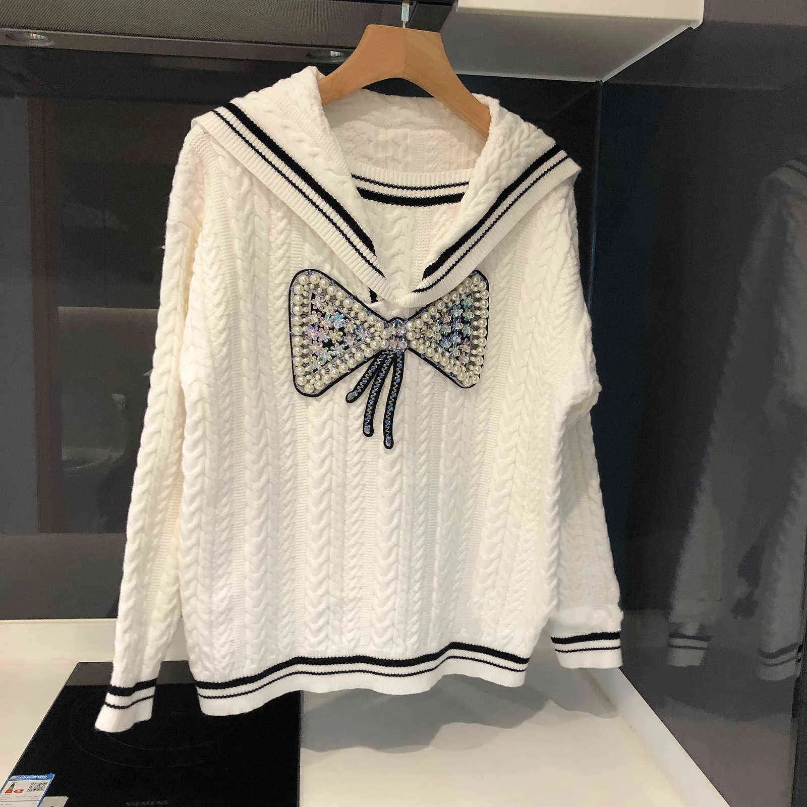 High Quality Women Fashion Autumn Winter College Heavy Industry Sweet Cute Beaded Diamond Bow Navy Collar Sweater Y1110