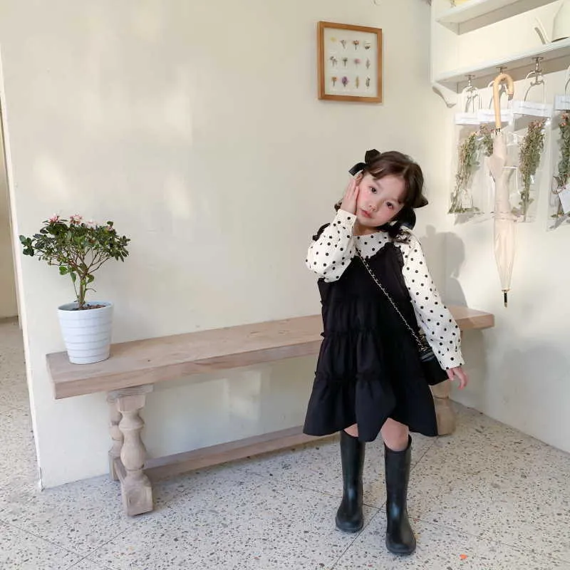 Spring Korean Style Baby Girl 2-pcs Sets Long Sleeves Black Dot Shirts + Sling Dress Kids Clothes E654 210610