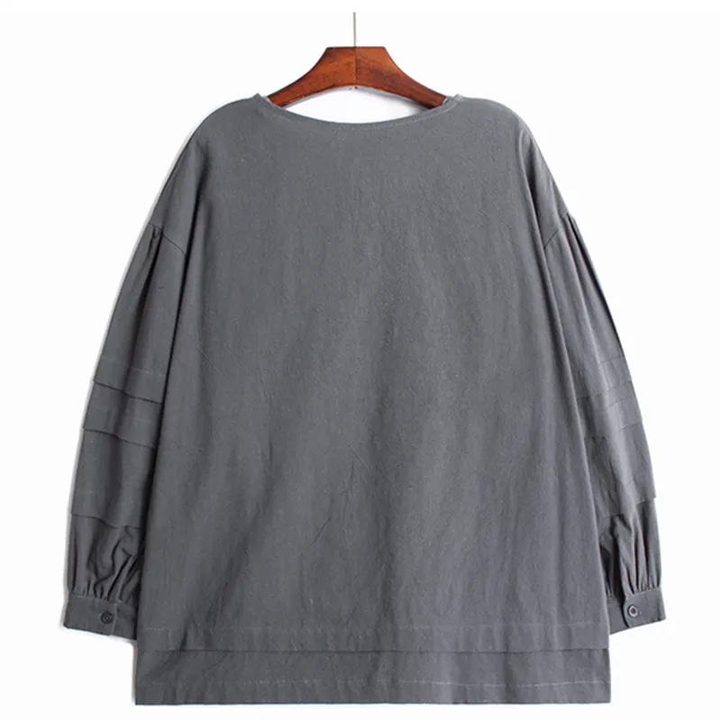 [EAM] Dames Big Size Gray Multicolor T-shirt Losse Ronde hals Lange Lantaarn Mouw Mode Lente Herfst 1DD6606 210512