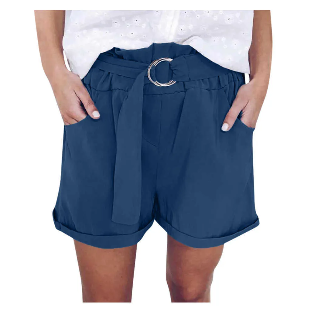 Pantalones cortos para mujer Cintura elástica Pierna ancha Pantalones cortos sueltos Moda de verano Señoras Cómodo Cinturón Sólido Femenino Talla grande 210603