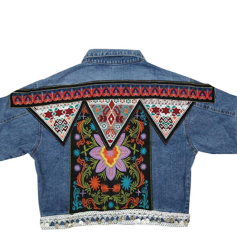 Jacka kvinnors vår boho denim för kvinnor blommiga applikationer broderi vintage coat långärmad ytterkläder kvinnlig Coatee 210914