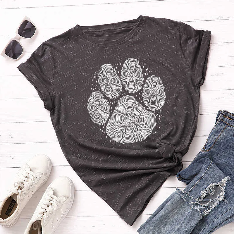 Maglietta da donna in cotone estivo JCGO S-5XL Plus Size Manica corta Orso Paw Print Tees Top Casual semplice O-Collo Maglietta da donna 210702