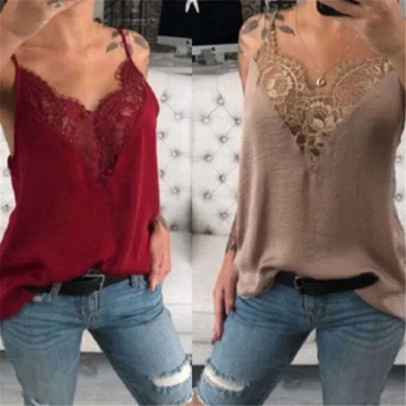 Kayotuas Women T-Shirt Lace Fashion Sleeveless Underwear Tops Lady Comfortable Casual Summer Sexy V-Neck Streetwear 210522