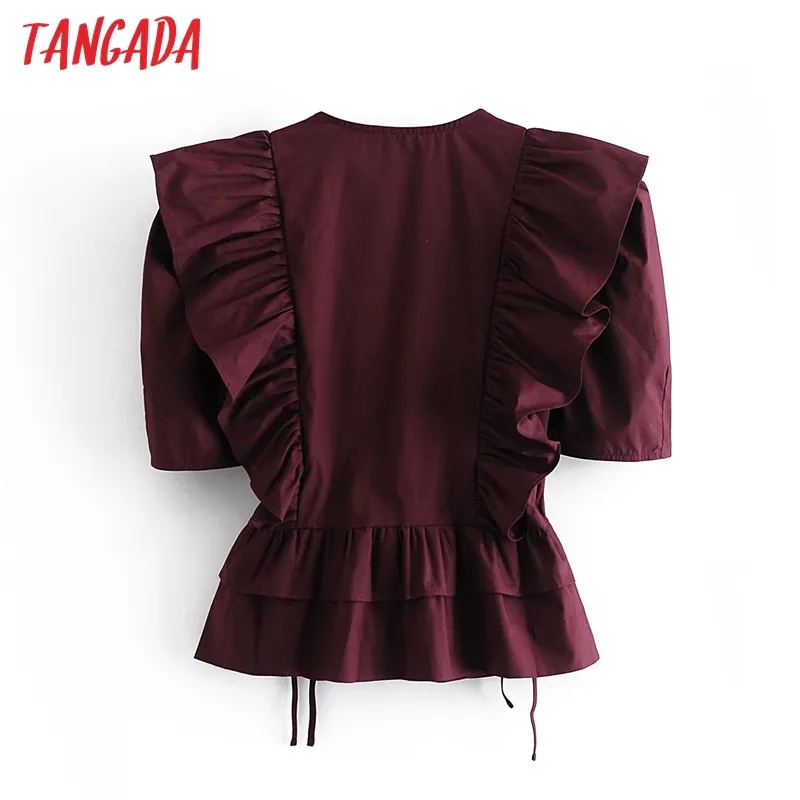 Femmes rétro vin rouge volants Crop Bow manches courtes été Chic femme chemise hauts 3W138 210416