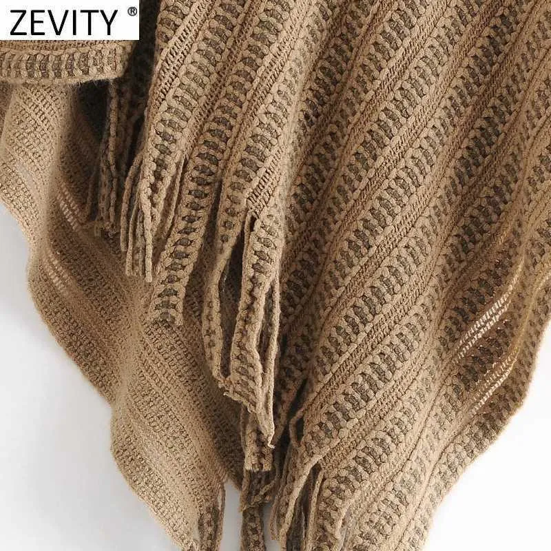 Zevity Womenファッション裾タッセルかぎ針編みのニットショールセーター女性パッチワークプルオーバーシックな中空アウトクロークトップスS531 210603
