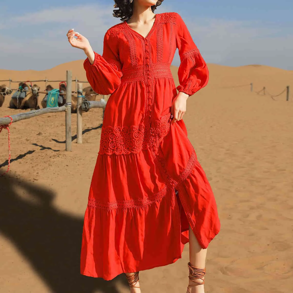 Jastie Retro Patchwork Lace Beach Maxi Dress V-Neck Z Długim Rękawem Bawełniane Wiosna Letnie Suknie Wakacje Boho Kobiet Vestidos 210419