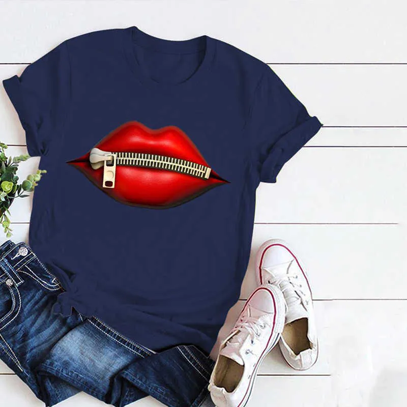 Sommer Frauen Mode Lässig O Neck T-shirts Sommer Top T Tops T-Shirt Zipper Lip Print Kurzarm Casual T-shirt 210716