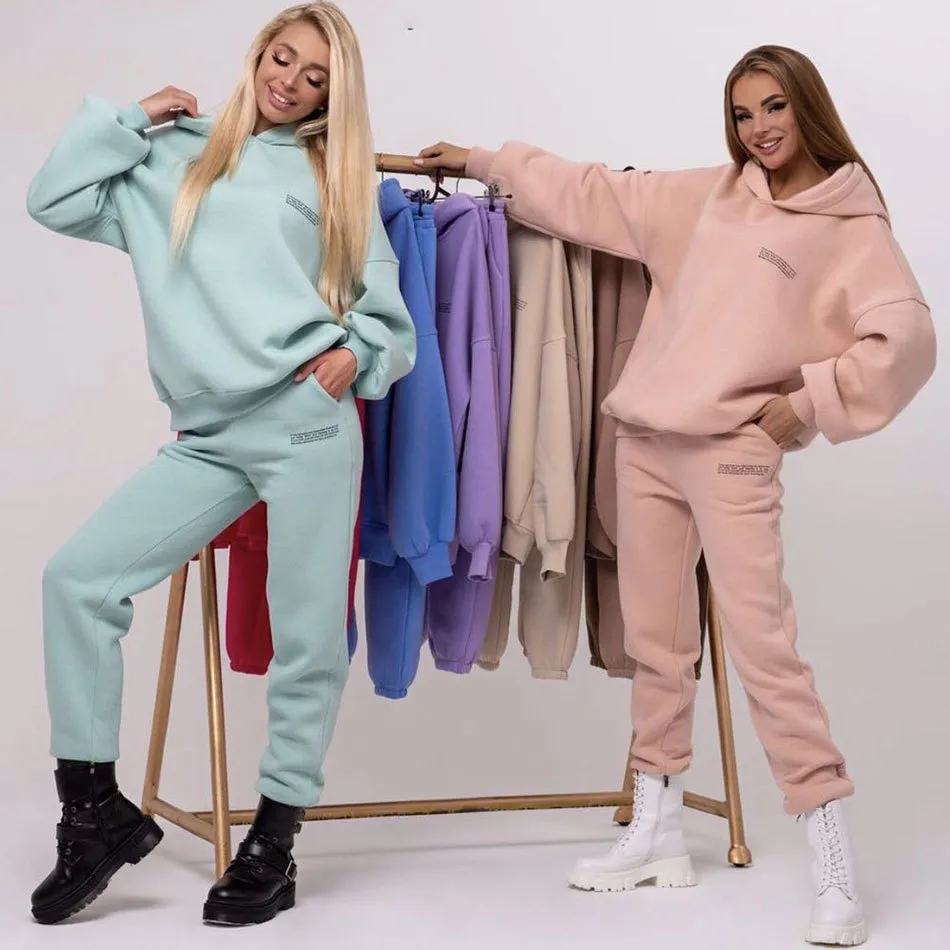 Free Arrived Women Candy Color Fashion Tracksuits Fleece Thick Sweatshirt Pants Hooded Casual 2-Piece Set 210524