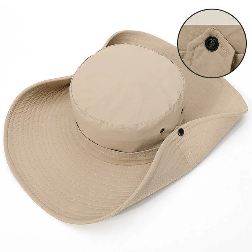 Moda verano cubo sombrero vaquero hombres al aire libre pesca senderismo playa sombreros malla transpirable Anti UV gorra para el sol gran ala ancha 210608