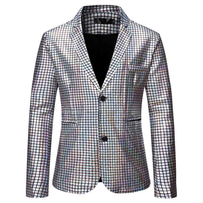 Rainbow Plaid paljett Glitter Suit Blazer Men 2022 Varumärke notched Lapel Club DJ MENS BLAZER JACCH STAGE KLÄDER FÖR SINGARE 211120278S