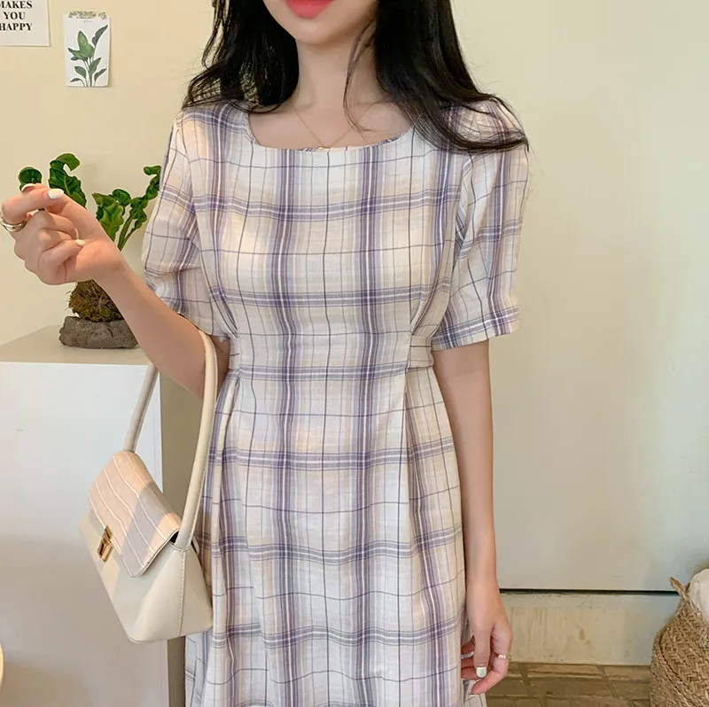 S-XL Plus Size Summer Girls Party Abito vintage femminile PLAID manica corta Abiti da donna viola oversize Robe Vestido 210417